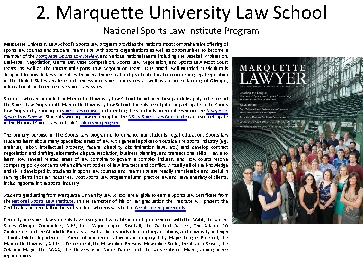 2. Marquette University Law School National Sports Law Institute Program Marquette University Law School’s