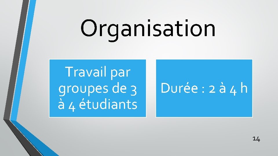 Organisation Travail par groupes de 3 à 4 étudiants Durée : 2 à 4