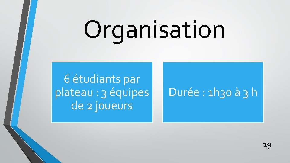 Organisation 6 étudiants par plateau : 3 équipes de 2 joueurs Durée : 1