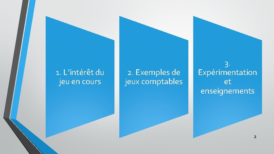 1. L’intérêt du jeu en cours 2. Exemples de jeux comptables 3. Expérimentation et