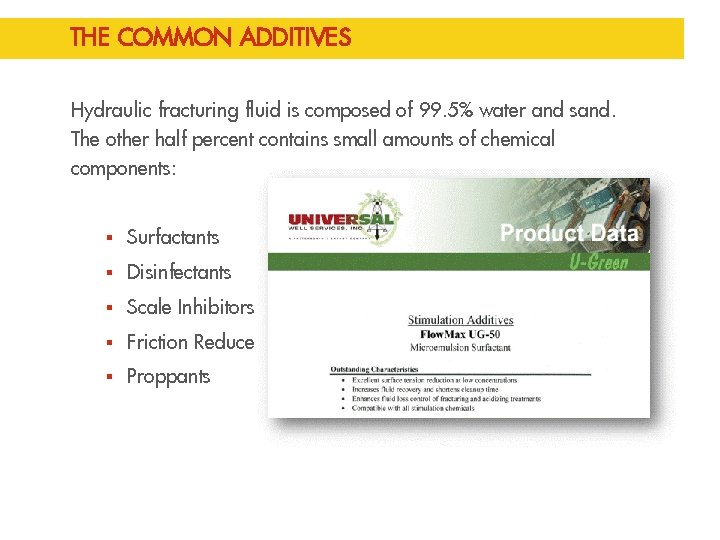 THE COMMON ADDITIVES Hydraulic fracturing fluid is composed of 99. 5% water and sand.