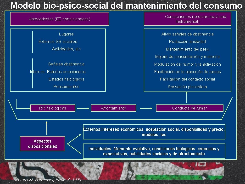 Modelo bio-psico-social del mantenimiento del consumo Consecuentes (reforzadores/cond. Instrumental) Antecedentes (EE condicionados) Lugares Alivio