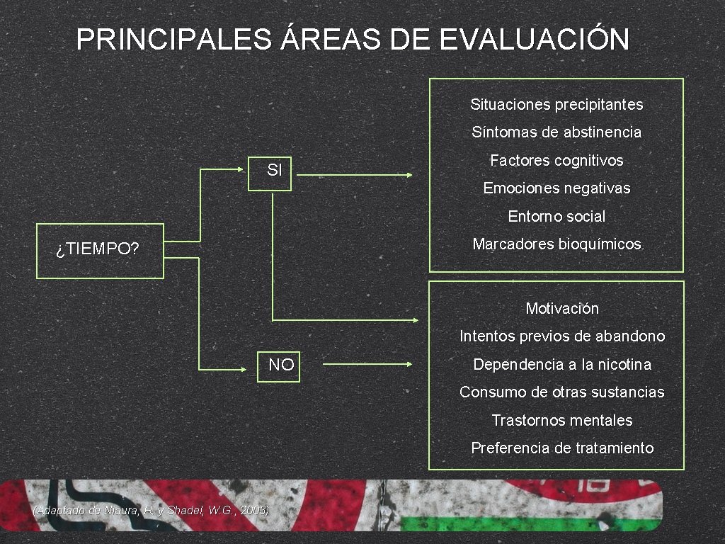 PRINCIPALES ÁREAS DE EVALUACIÓN Situaciones precipitantes Síntomas de abstinencia SI Factores cognitivos Emociones negativas