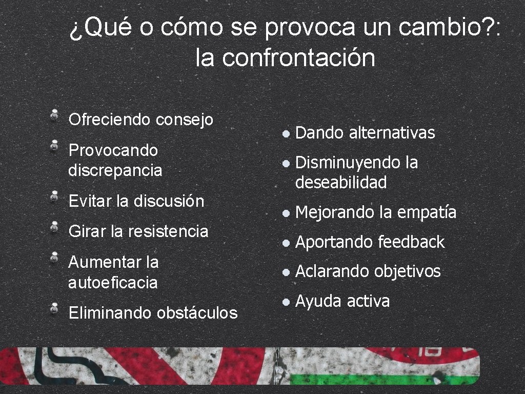 ¿Qué o cómo se provoca un cambio? : la confrontación Ofreciendo consejo Provocando discrepancia