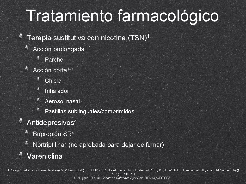 Tratamiento farmacológico Terapia sustitutiva con nicotina (TSN)1 Acción prolongada 1 -3 Parche Acción corta