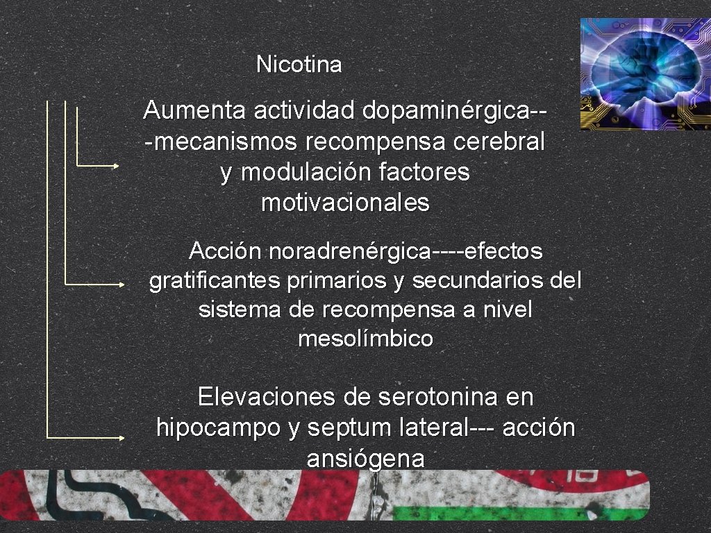 Nicotina Aumenta actividad dopaminérgica--mecanismos recompensa cerebral y modulación factores motivacionales Acción noradrenérgica----efectos gratificantes primarios