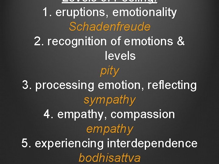 Levels of Feeling: 1. eruptions, emotionality Schadenfreude 2. recognition of emotions & levels pity
