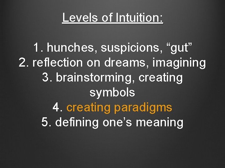 Levels of Intuition: 1. hunches, suspicions, “gut” 2. reflection on dreams, imagining 3. brainstorming,