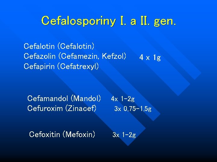 Cefalosporiny I. a II. gen. Cefalotin (Cefalotin) Cefazolin (Cefamezin, Kefzol) Cefapirin (Cefatrexyl) 4 x