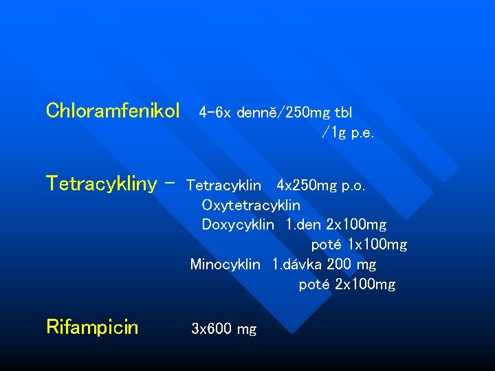 Chloramfenikol Tetracykliny - Rifampicin 4 -6 x denně/250 mg tbl /1 g p. e.