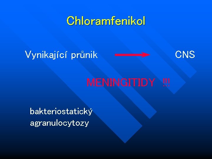 Chloramfenikol Vynikající průnik MENINGITIDY !!! bakteriostatický agranulocytozy CNS 