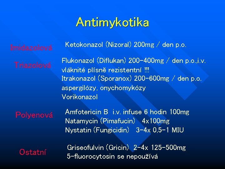 Antimykotika Imidazolová Triazolová Polyenová Ostatní Ketokonazol (Nizoral) 200 mg / den p. o. Flukonazol