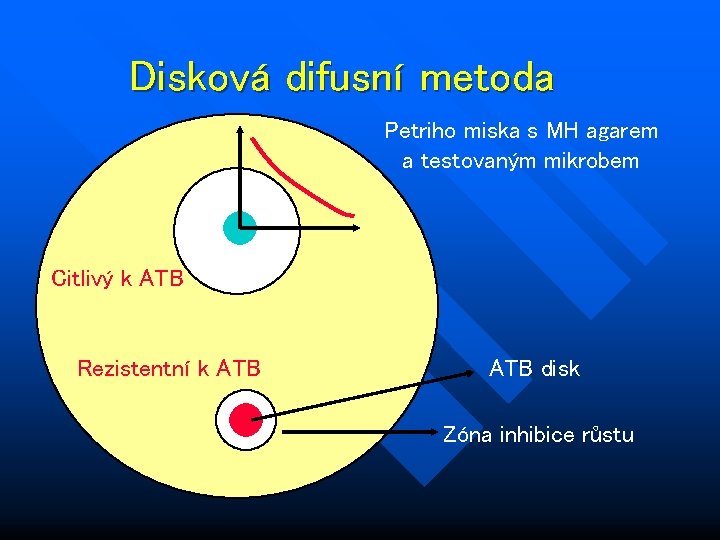 Disková difusní metoda Petriho miska s MH agarem a testovaným mikrobem Citlivý k ATB