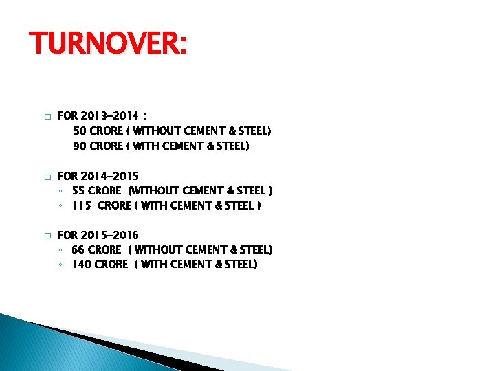 TURNOVER: � � � FOR 2013 -2014 : 50 CRORE ( WITHOUT CEMENT &