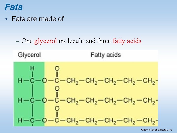 Fats • Fats are made of – One glycerol molecule and three fatty acids