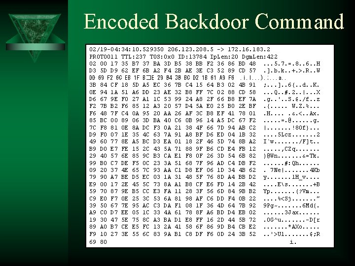 Encoded Backdoor Command 02/19 -04: 34: 10. 529350 206. 123. 208. 5 -> 172.