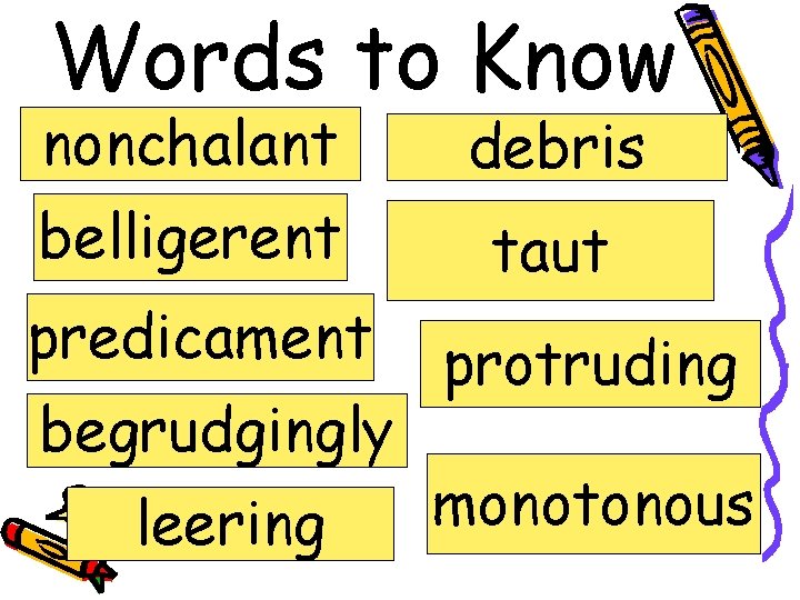 Words to Know nonchalant debris belligerent taut predicament begrudgingly leering protruding monotonous 