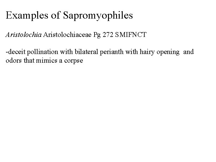 Examples of Sapromyophiles Aristolochiaceae Pg 272 SMIFNCT -deceit pollination with bilateral perianth with hairy