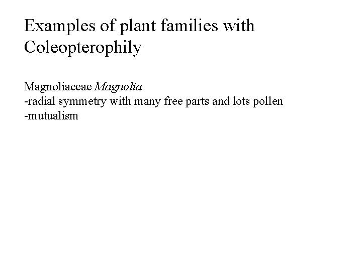 Examples of plant families with Coleopterophily Magnoliaceae Magnolia -radial symmetry with many free parts