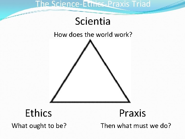 The Science-Ethics-Praxis Triad Scientia How does the world work? Ethics What ought to be?