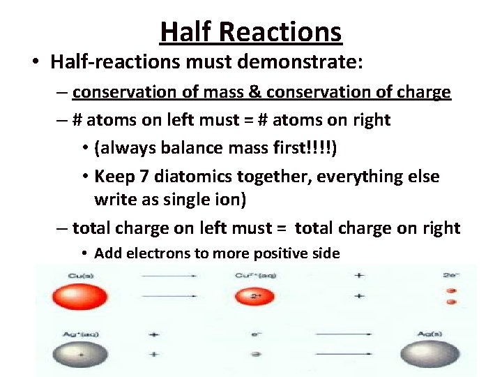 Half Reactions • Half-reactions must demonstrate: – conservation of mass & conservation of charge