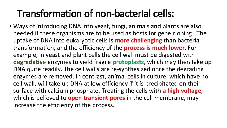 Transformation of non-bacterial cells: • Ways of introducing DNA into yeast, fungi, animals and