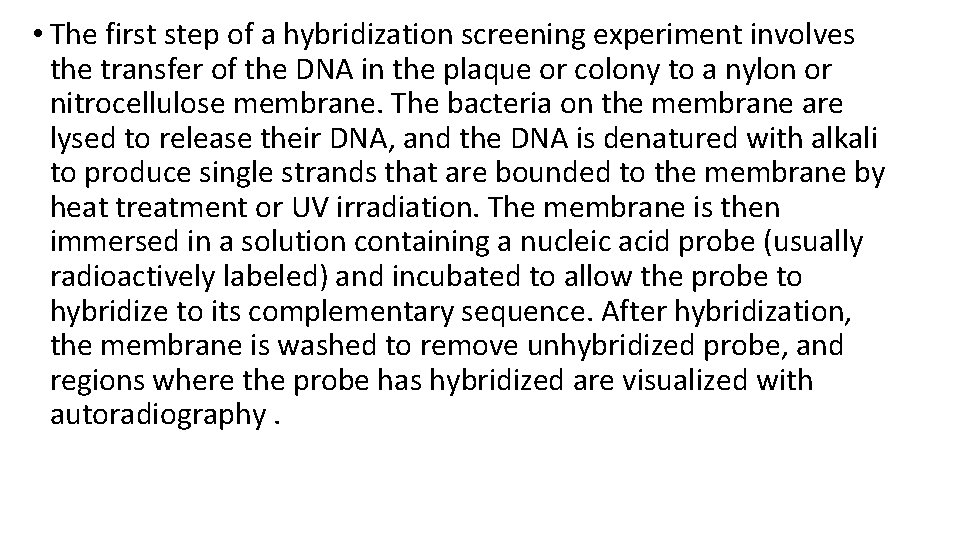  • The first step of a hybridization screening experiment involves the transfer of