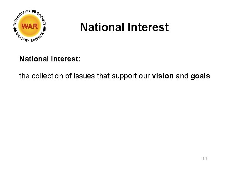 National Interest: the collection of issues that support our vision and goals 10 