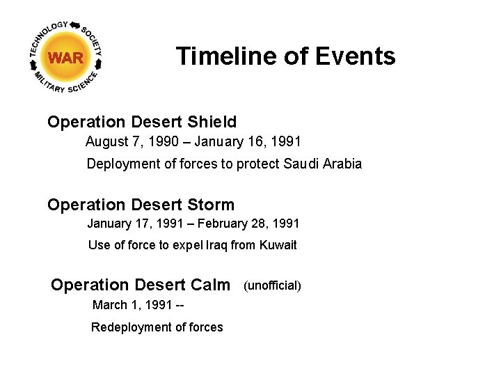 Timeline of Events Operation Desert Shield August 7, 1990 – January 16, 1991 Deployment