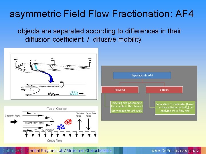 asymmetric Field Flow Fractionation: AF 4 objects are separated according to differences in their