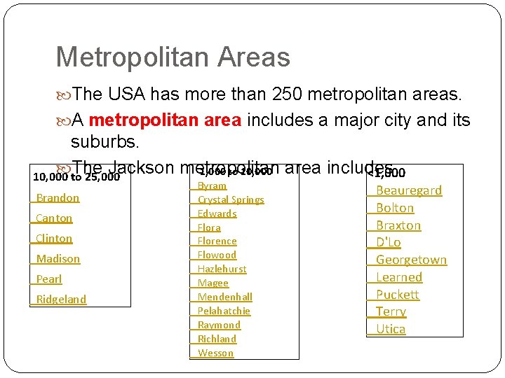 Metropolitan Areas The USA has more than 250 metropolitan areas. A metropolitan area includes Metropolitan Areas The USA has more than 250 metropolitan areas. A metropolitan area includes