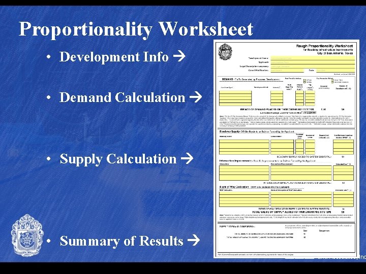 Proportionality Worksheet • Development Info • Demand Calculation • Supply Calculation • Summary of