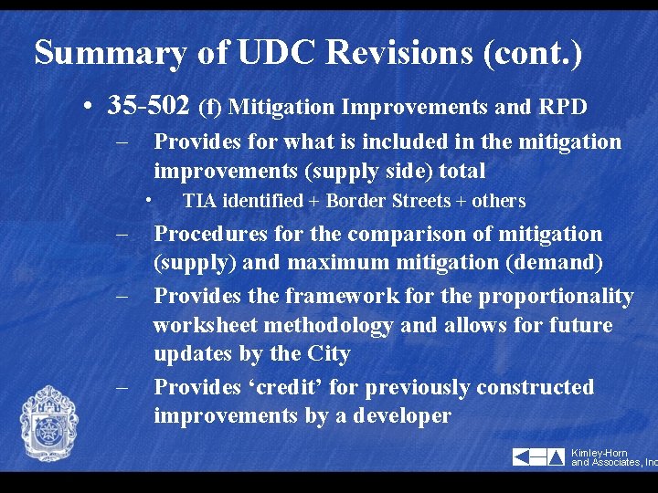Summary of UDC Revisions (cont. ) • 35 -502 (f) Mitigation Improvements and RPD