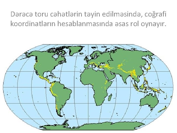 Dərəcə toru cəhətlərin təyin edilməsində, coğrafi koordinatların hesablanmasında əsas rol oynayır. . 