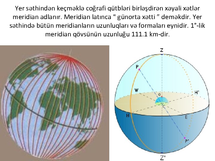 Yer səthindən keçməklə coğrafi qütbləri birləşdirən xəyali xətlər meridian adlanır. Meridian latınca “ günorta