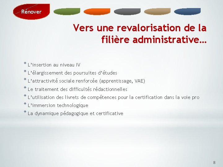 Rénover Vers une revalorisation de la filière administrative… * L’insertion au niveau IV *