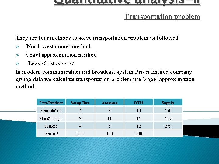 Quantitative analysis-II Transportation problem They are four methods to solve transportation problem as followed
