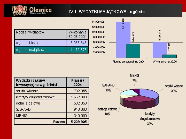 IV. 1 WYDATKI MAJĄTKOWE - ogólnie Rodzaj wydatków Wykonanie 30. 06. 2004 wydatki bieżące