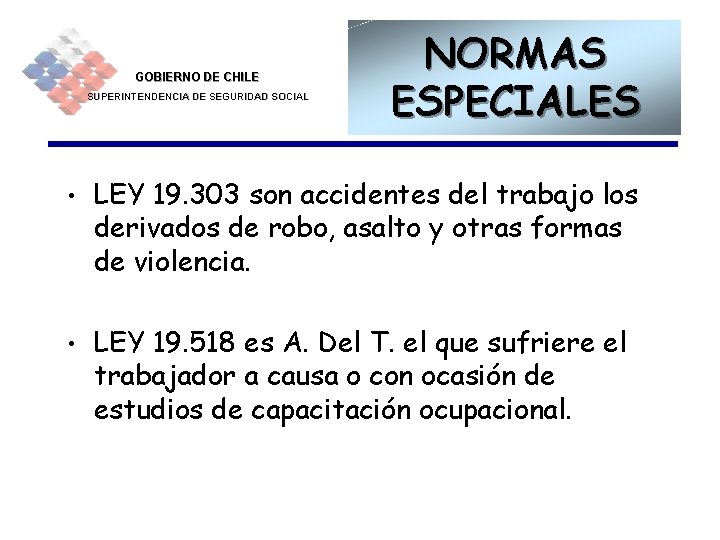 GOBIERNO DE CHILE SUPERINTENDENCIA DE SEGURIDAD SOCIAL NORMAS ESPECIALES • LEY 19. 303 son