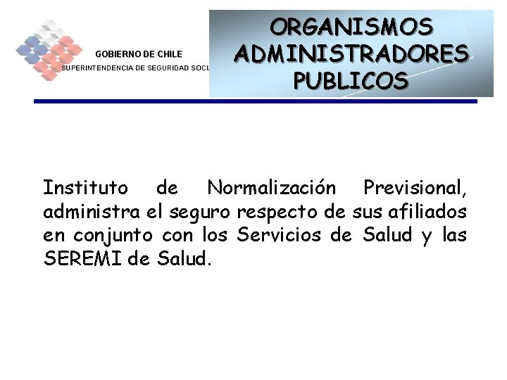 GOBIERNO DE CHILE SUPERINTENDENCIA DE SEGURIDAD SOCIAL ORGANISMOS ADMINISTRADORES PUBLICOS Instituto de Normalización Previsional,