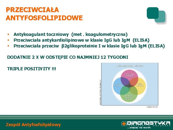 PRZECIWCIAŁA ANTYFOSFOLIPIDOWE § § § Antykoagulant toczniowy (met. koagulometryczna) Przeciwciała antykardiolipinowe w klasie Ig.