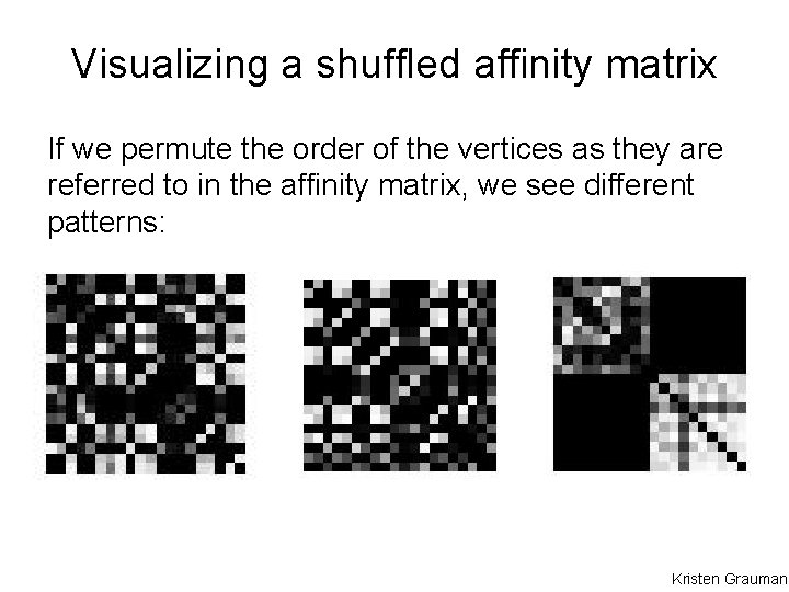 Visualizing a shuffled affinity matrix If we permute the order of the vertices as