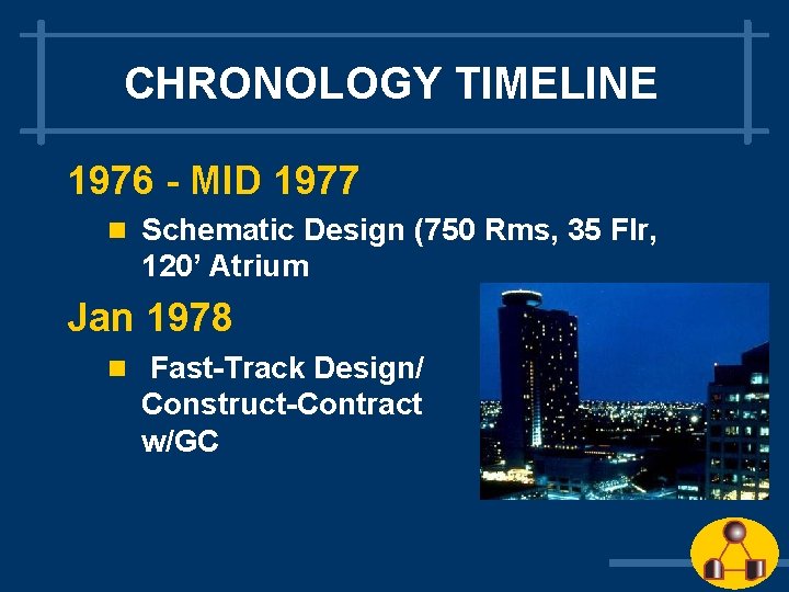 CHRONOLOGY TIMELINE 1976 - MID 1977 n Schematic Design (750 Rms, 35 Flr, 120’ CHRONOLOGY TIMELINE 1976 - MID 1977 n Schematic Design (750 Rms, 35 Flr, 120’