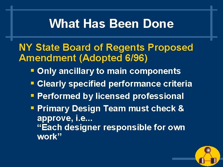 What Has Been Done NY State Board of Regents Proposed Amendment (Adopted 6/96) §