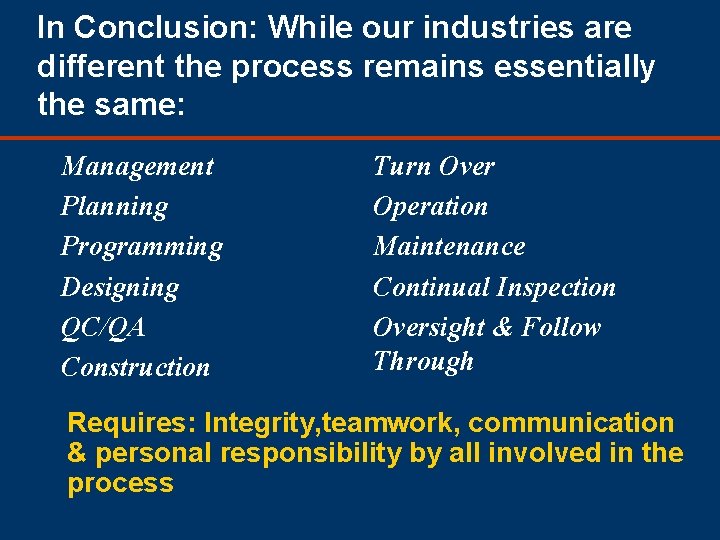 In Conclusion: While our industries are different the process remains essentially the same: Management