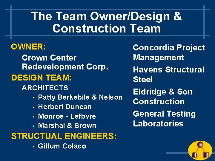 The Team Owner/Design & Construction Team OWNER: Crown Center Redevelopment Corp. DESIGN TEAM: ARCHITECTS The Team Owner/Design & Construction Team OWNER: Crown Center Redevelopment Corp. DESIGN TEAM: ARCHITECTS