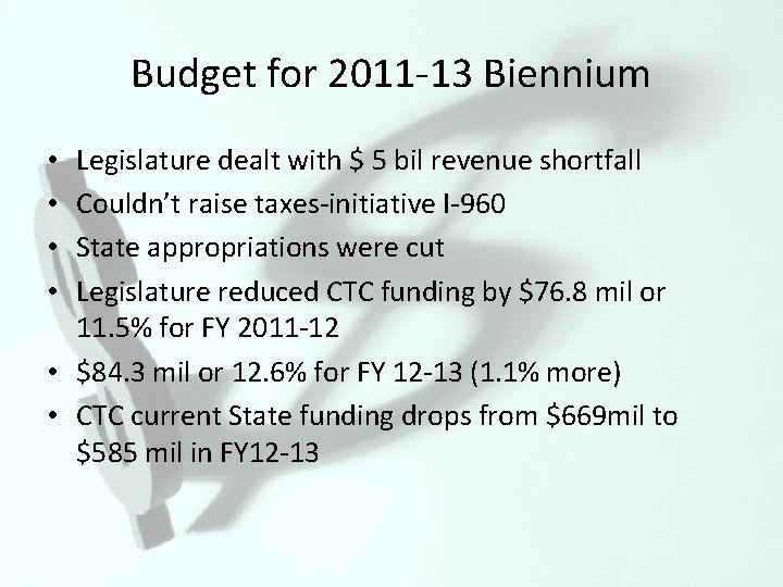 Budget for 2011 -13 Biennium Legislature dealt with $ 5 bil revenue shortfall Couldn’t