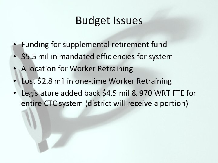 Budget Issues • • • Funding for supplemental retirement fund $5. 5 mil in