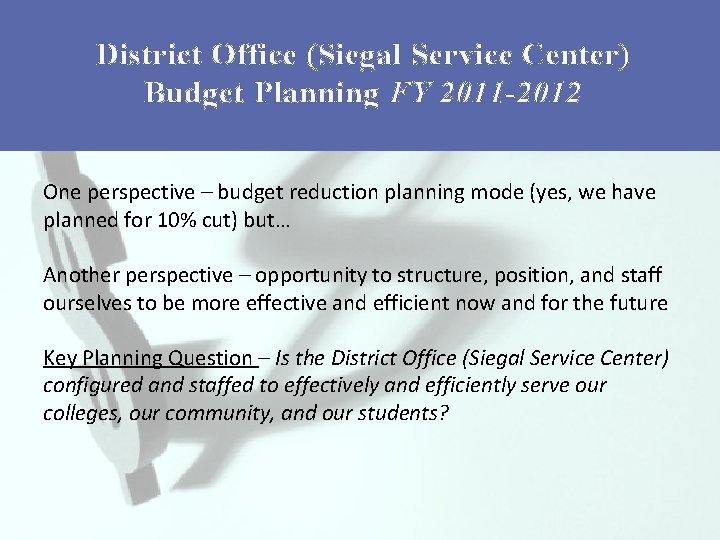 District Office (Siegal Service Center) Budget Planning FY 2011 -2012 One perspective – budget